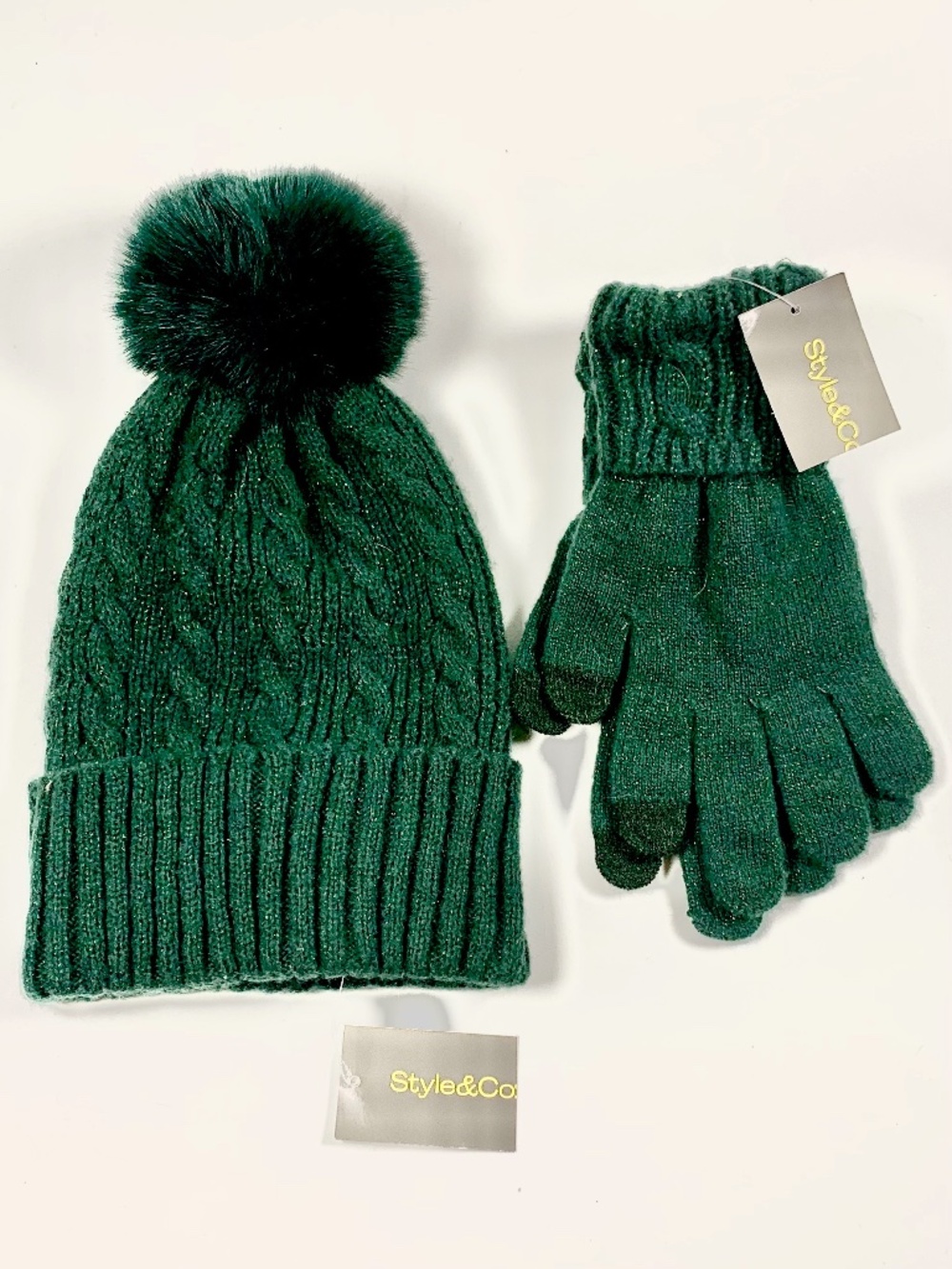 Style & Co Dark Shimmer Cable-knit Forrest Green Pom Pom Beanie Hat Gloves Set